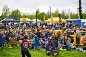 Hundreds gather for the first week of the Levitt AMP Soldotna Music Series on Wednesday, June 7, 2023, at Soldotna Creek Park in Soldotna, Alaska. (Jake Dye/Peninsula Clarion)