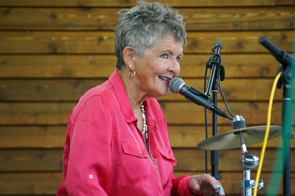 Connie Brannock, part of Connie Brannocks Tiny House of Funk, performs during the Soldotna Music Series at Soldotna Creek Park in Soldotna, Alaska, on Wednesday, June 21, 2023. (Jake Dye/Peninsula Clarion)