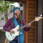 Liz Fletcher, part of Connie Brannocks Tiny House of Funk, performs during the Soldotna Music Series at Soldotna Creek Park in Soldotna, Alaska, on Wednesday, June 21, 2023. (Jake Dye/Peninsula Clarion)