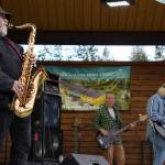 Bob Mabrey, Kent Peterson and Ray Mabrey perform as part of Riverfront Gang at Soldotna Creek Park in Soldotna, Alaska, on Wednesday, Aug. 23, 2023. (Jake Dye/Peninsula Clarion)