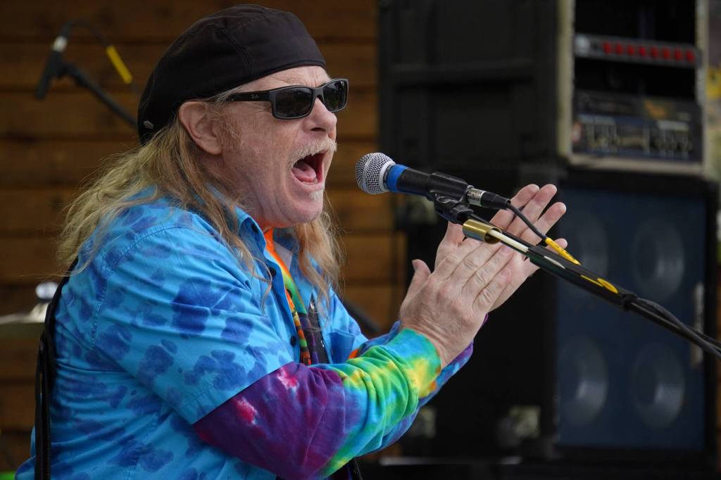 Bill Mabrey performs as part of Riverfront Gang at Soldotna Creek Park in Soldotna, Alaska, on Wednesday, Aug. 23, 2023. (Jake Dye/Peninsula Clarion)