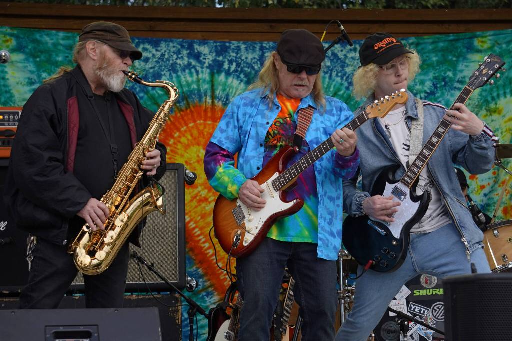 Bob, Bill and Ray Mabrey perform as part of Riverfront Gang at Soldotna Creek Park in Soldotna, Alaska, on Wednesday, Aug. 23, 2023. (Jake Dye/Peninsula Clarion)