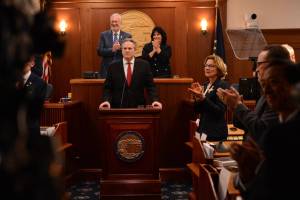 Attendees of the 2024 Alaska State of the State address applaud Rose Dunleavy, Alaskas first lady, on Tuesday. (Photo by James Brooks/Alaska Beacon)