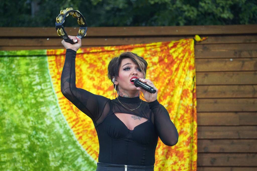 Ellie and the Echoes perform the last night of the Levitt AMP Soldotna Music Series at Soldotna Creek Park in Soldotna, Alaska, on Wednesday, Aug. 28, 2024. (Jake Dye/Peninsula Clarion)