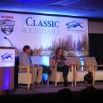 Kevin Delaney and Dani Evenson, policy advisor for the State Department of Fish and Game, discuss Gulf of Alaska chinook salmon during a panel at the Kenai River Sportfishing Associations Kenai Classic Roundtable at the Soldotna Regional Sports Complex in Soldotna, Alaska, on Wednesday, Aug. 21, 2024. (Jake Dye/Peninsula Clarion)