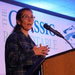 Rep. Mary Peltola delivers closing remarks at the Kenai River Sportfishing Associations Kenai Classic Roundtable at the Soldotna Regional Sports Complex in Soldotna, Alaska, on Wednesday, Aug. 21, 2024. (Jake Dye/Peninsula Clarion)