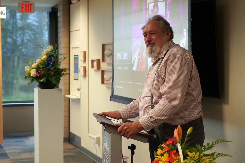 Associate Professor of Accounting Tom Dalrymple speaks before the opening of a memorial art gallery for Kenai Peninsula College Associate Professor of Art Cambid-J Cam Choy at Kenai Peninsula College in Soldotna, Alaska, on Friday, Sept. 13, 2024. (Jake Dye/Peninsula Clarion)