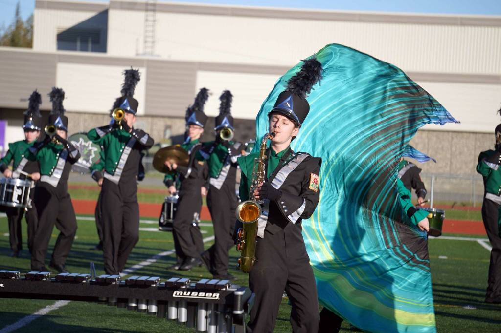 The Colony High School marching band, Thee Northern Sound, performs during the Kenai Marching Showcase at Ed Hollier Field in Kenai, Alaska, on Saturday, Sept. 21, 2024. (Jake Dye/Peninsula Clarion)