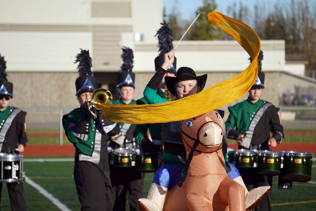 The Colony High School marching band, Thee Northern Sound, performs during the Kenai Marching Showcase at Ed Hollier Field in Kenai, Alaska, on Saturday, Sept. 21, 2024. (Jake Dye/Peninsula Clarion)