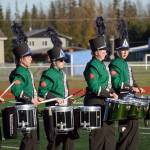 The Colony High School marching band, Thee Northern Sound, performs during the Kenai Marching Showcase at Ed Hollier Field in Kenai, Alaska, on Saturday, Sept. 21, 2024. (Jake Dye/Peninsula Clarion)