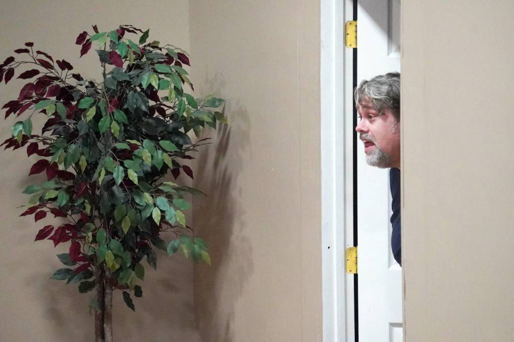 Ian McEwen rehearses Boeing Boeing at the Kenai Performers Theater on Kalifornsky Beach Road, near Soldotna, Alaska, on Monday, Oct. 14, 2024. (Jake Dye/Peninsula Clarion)