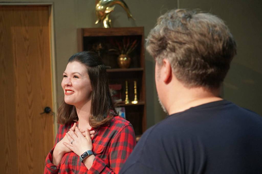 Alyeska Garrett and Ian McEwen rehearse Boeing Boeing at the Kenai Performers Theater on Kalifornsky Beach Road, near Soldotna, Alaska, on Monday, Oct. 14, 2024. (Jake Dye/Peninsula Clarion)