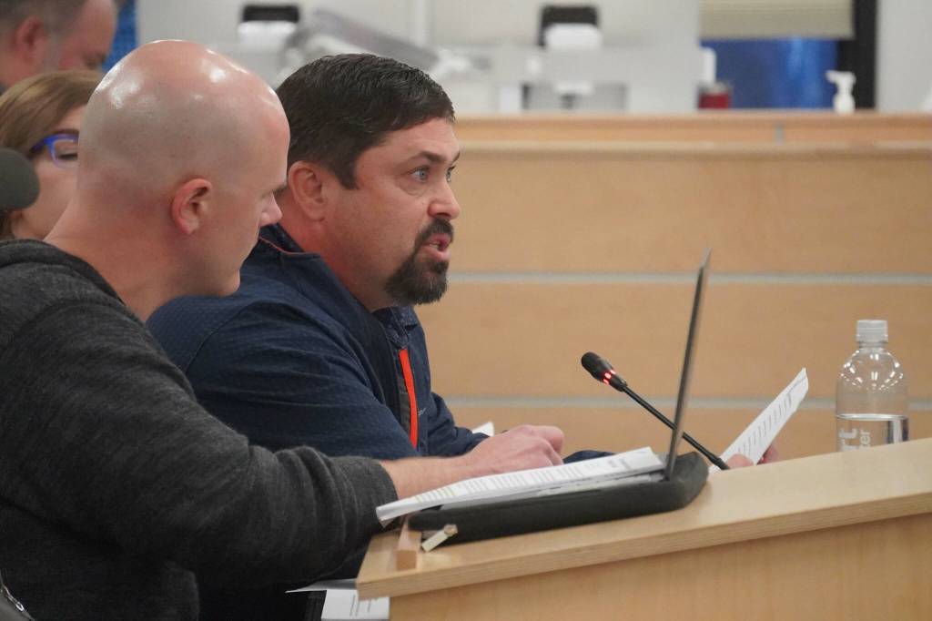 Aurora Borealis Charter School Principal Cody McCanna speaks during a meeting of the Kenai Peninsula Borough School District Charter Oversight Committee in Soldotna, Alaska, on Monday, Oct. 21, 2024. (Jake Dye/Peninsula Clarion)