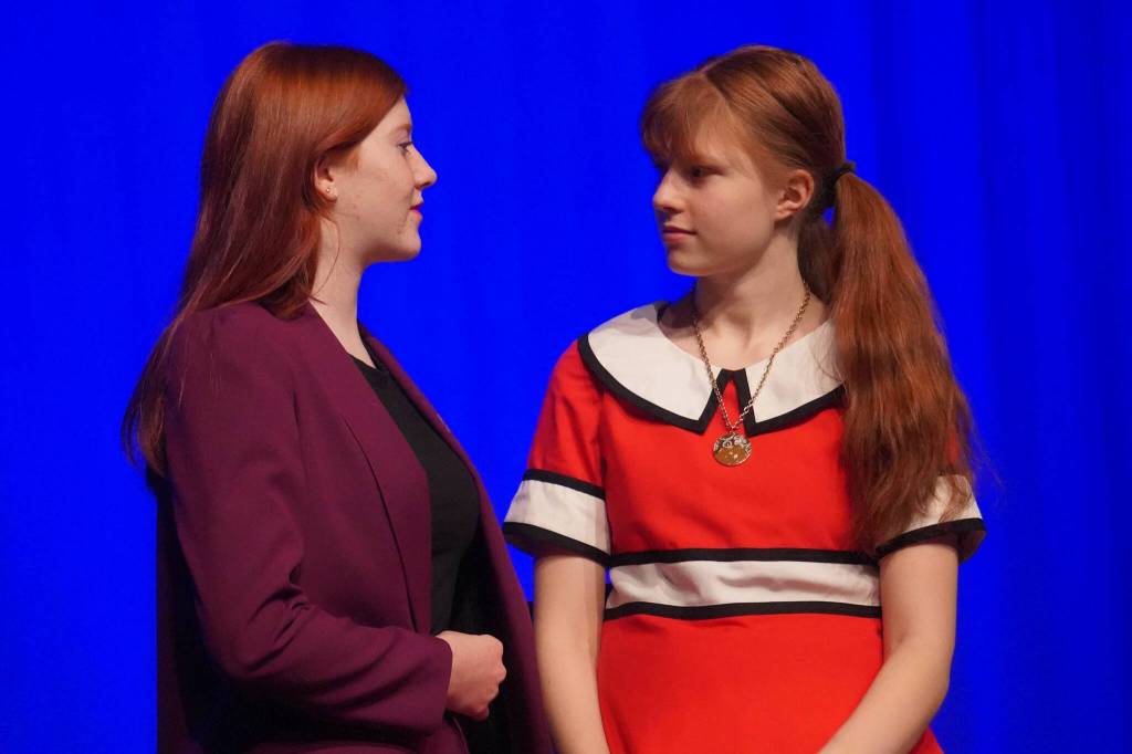 The cast of Annie rehearse at Kenai Central High School in Kenai, Alaska, on Wednesday, Nov. 6, 2024. (Jake Dye/Peninsula Clarion)