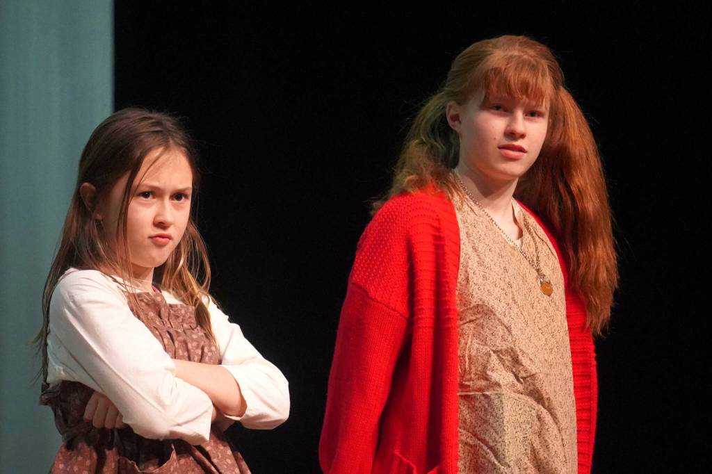 The cast of Annie rehearse at Kenai Central High School in Kenai, Alaska, on Wednesday, Nov. 6, 2024. (Jake Dye/Peninsula Clarion)
