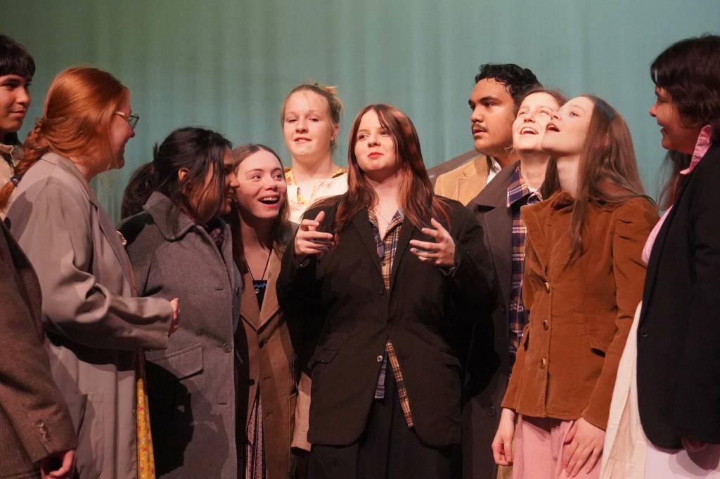 The cast of Annie rehearse at Kenai Central High School in Kenai, Alaska, on Wednesday, Nov. 6, 2024. (Jake Dye/Peninsula Clarion)