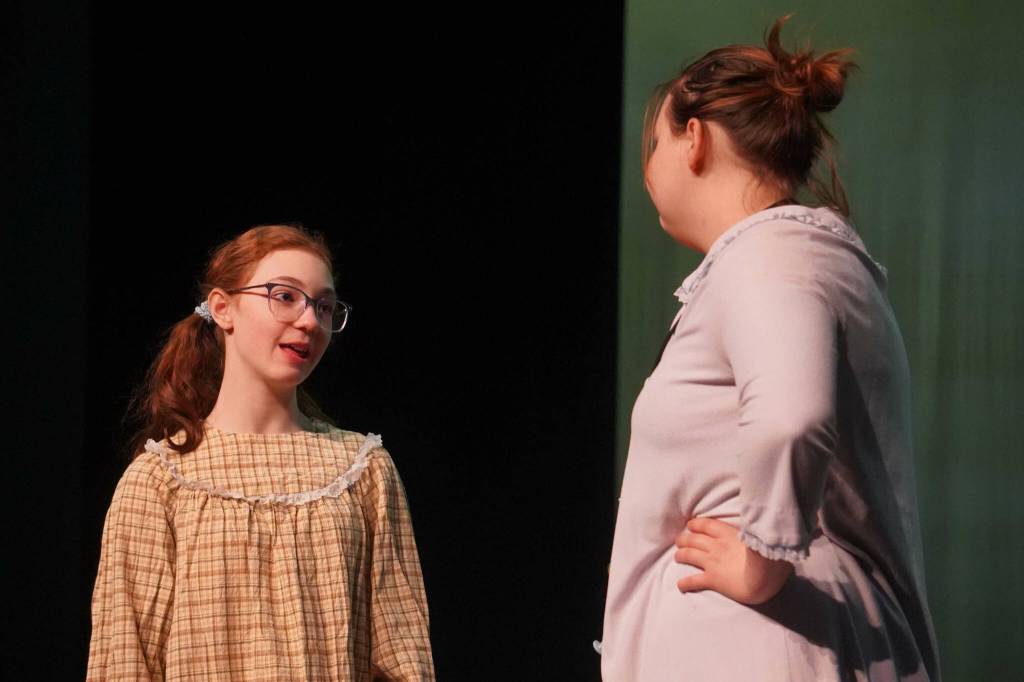 The cast of Annie rehearse at Kenai Central High School in Kenai, Alaska, on Wednesday, Nov. 6, 2024. (Jake Dye/Peninsula Clarion)