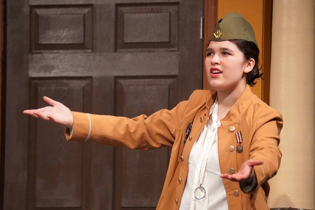 Lily Miles-Dafoe, as Colonel Mustard, rehearses Seward High School Theatre Collectives Clue at Seward High School in Seward, Alaska, on Thursday, Nov. 7, 2024. (Jake Dye/Peninsula Clarion)