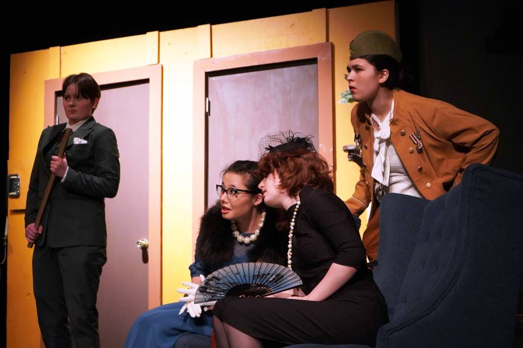 The cast of Seward High School Theatre Collectives Clue rehearse at Seward High School in Seward, Alaska, on Thursday, Nov. 7, 2024. (Jake Dye/Peninsula Clarion)