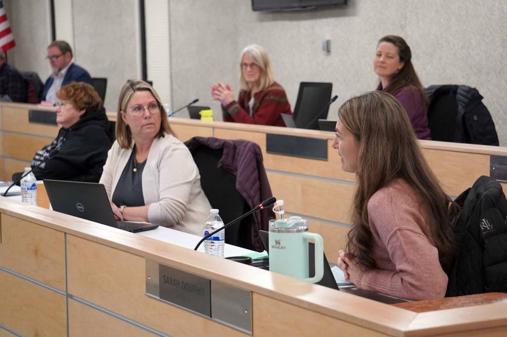 Board member Sarah Douthit speaks during a special meeting of the Kenai Peninsula Borough School Districts Board of Education in Soldotna, Alaska, on Monday, Nov. 18, 2024. (Jake Dye/Peninsula Clarion)