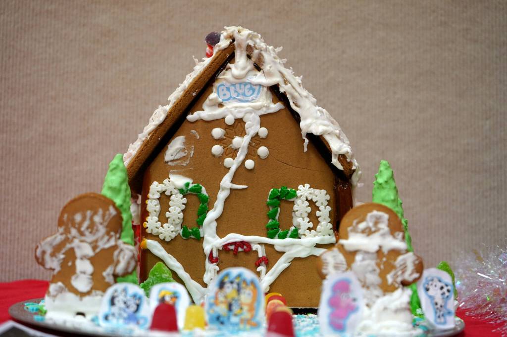 A gingerbread house constructed by Cecelia, 17, is displayed in the Kenai Chamber of Commerces 12th Annual Gingerbread House Contest at the Kenai Chamber of Commerce and Visitor Center in Kenai, Alaska, on Wednesday, Nov. 20, 2024. (Jake Dye/Peninsula Clarion)