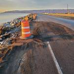 Sections of Homer Spit Road that were damaged in the Nov. 16 storm surge are temporarily repaired with gravel, as seen on Thursday, Nov. 21, 2024, in Homer, Alaska. (Delcenia Cosman/Homer News)