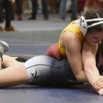 Hoonahs Krista Howland wrestles to a pin against Soldotnas Rowan Peck in the final at 126 pounds at the girls state wrestling tournament Saturday, Dec. 21, 2024, at the Alaska Airlines Center in Anchorage, Alaska. (Photo by Jeff Helminiak/Peninsula Clarion)