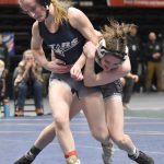 Student Wrestling Development Programs Jade Sherry wrestles to a 13-7 decision over Soldotnas Valarie McAnelly in the final at 107 pounds at the girls state wrestling tournament Saturday, Dec. 21, 2024, at the Alaska Airlines Center in Anchorage, Alaska. (Photo by Jeff Helminiak/Peninsula Clarion)