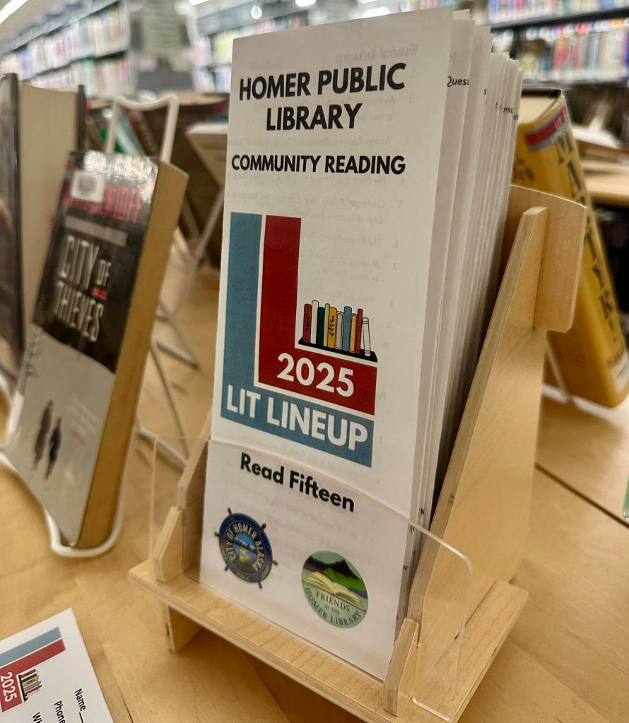 Brochures for the 2025 Lit Lineup are available at the front desk of the Homer Public Library and the lineups display, photographed on Friday, Jan. 3, 2025, in Homer, Alaska. Photo by Christina Whiting