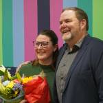 Mountain View Elementary School Assistant Principal Aubrie Ellis stands for a photo with Superintendent Clayton Holland after she was named National Outstanding Assistant Principal of 2025 by the Alaska Association of Elementary School Principals at Mountain View Elementary School in Kenai, Alaska, on Friday, Jan. 10, 2025. (Jake Dye/Peninsula Clarion)