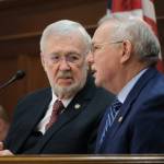 Alaska Senate President Gary Stevens, a Kodiak Republican, left, talks with House Speaker Bryce Edgmon, a Dillingham independent, before Republican Gov. Mike Dunleavys State of the State speech on Tuesday, Jan. 28, 2025, at the Alaska State Capitol. (Klas Stolpe/Juneau Empire)