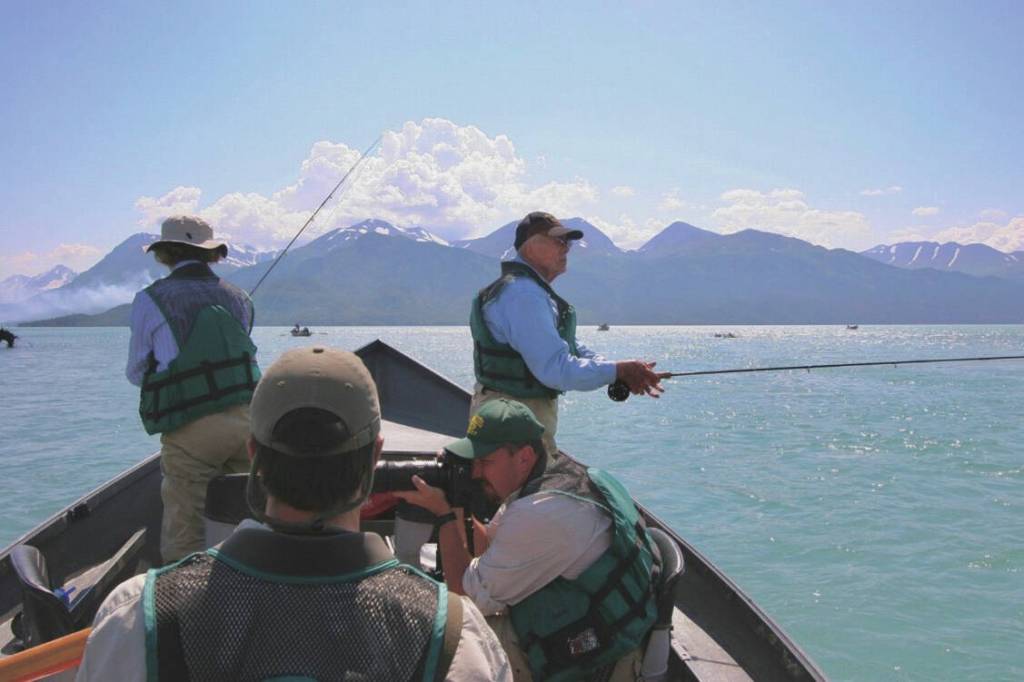 Former President Jimmy Carter and Rosalynn Carter fly fish on Skilak Lake inlet, Kenai National Wildlife Refuge<ins>,</ins> <ins>Alaska</ins>. (Photo by Kirk Hoessle/courtesy)