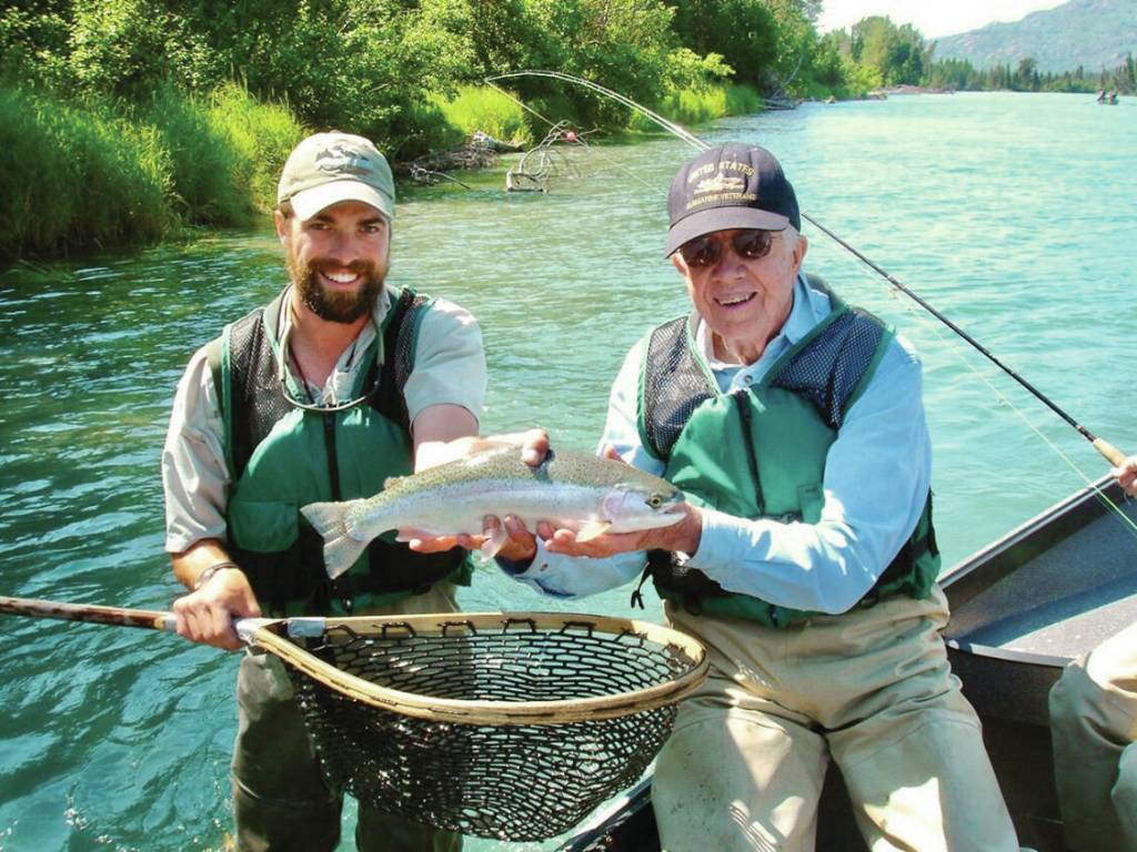 Alaska Wildland Adventures Fishing guide Todd Harris and former President Jimmy Carter fish on the upper Kenai River in the Kenai National Wildlife Refuge<ins>,</ins> <ins>Alaska</ins>. (Photo by Kirk Hoessle/courtesy)