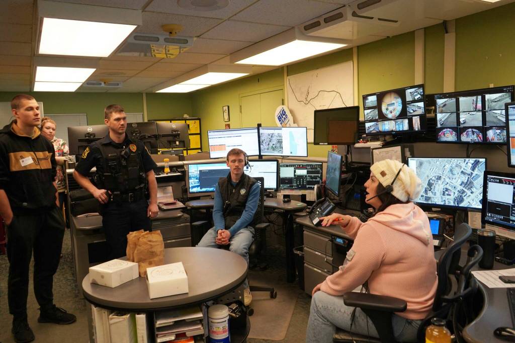 Makayla Derkevorkian demonstrates her work during Job Shadow Day at the Kenai Police Department in Kenai, Alaska, on Wednesday, Feb. 19, 2025. (Nizhonii Wood/Peninsula Clarion)