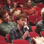 Soldotna High School student Ethan Anding asks a question during a Kenai Peninsula Borough School District budget development meeting at Kenai Central High School in Kenai, Alaska, on Wednesday, Feb. 19, 2025. (Jake Dye/Peninsula Clarion)