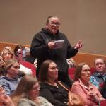Jeanne Reveal asks a question during a Kenai Peninsula Borough School District budget development meeting at Kenai Central High School in Kenai, Alaska, on Wednesday, Feb. 19, 2025. (Jake Dye/Peninsula Clarion)