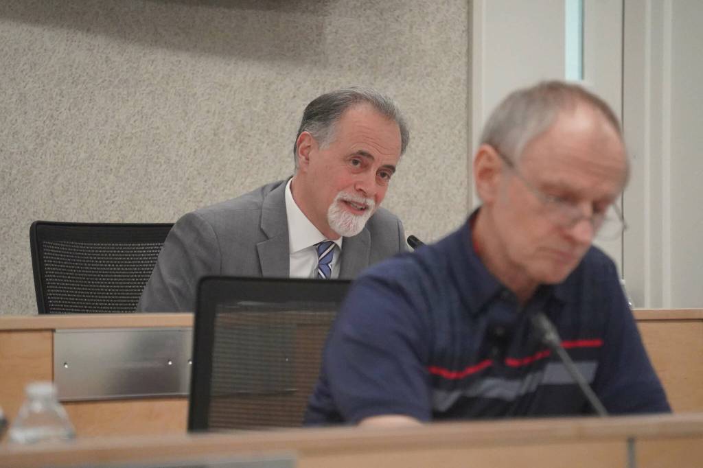Borough Mayor Peter Micciche speaks during a meeting of the Kenai Peninsula Borough Assembly in Soldotna, Alaska, on Tuesday, Feb. 25, 2025. (Jake Dye/Peninsula Clarion)