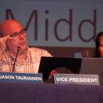 Jason Tauriainen speaks during a meeting of the Kenai Peninsula Borough School Districts Board of Education in Homer, Alaska, on Monday, March 3, 2025. (Jake Dye/Peninsula Clarion)