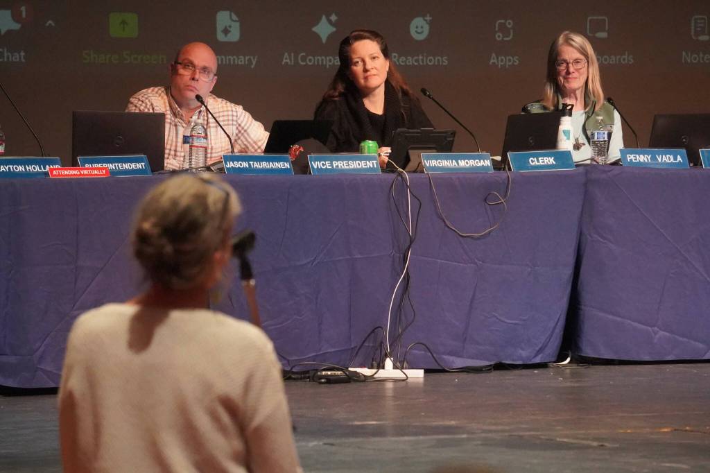 Deborah Curtis speaks during a meeting of the Kenai Peninsula Borough School Districts Board of Education in Homer, Alaska, on Monday, March 3, 2025. (Jake Dye/Peninsula Clarion)