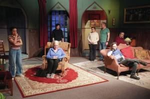 The cast of the Kenai Performers production of The Mousetrap rehearse at the Kenai Performers Theater near Soldotna on Wednesday. (Jake Dye/Peninsula Clarion)