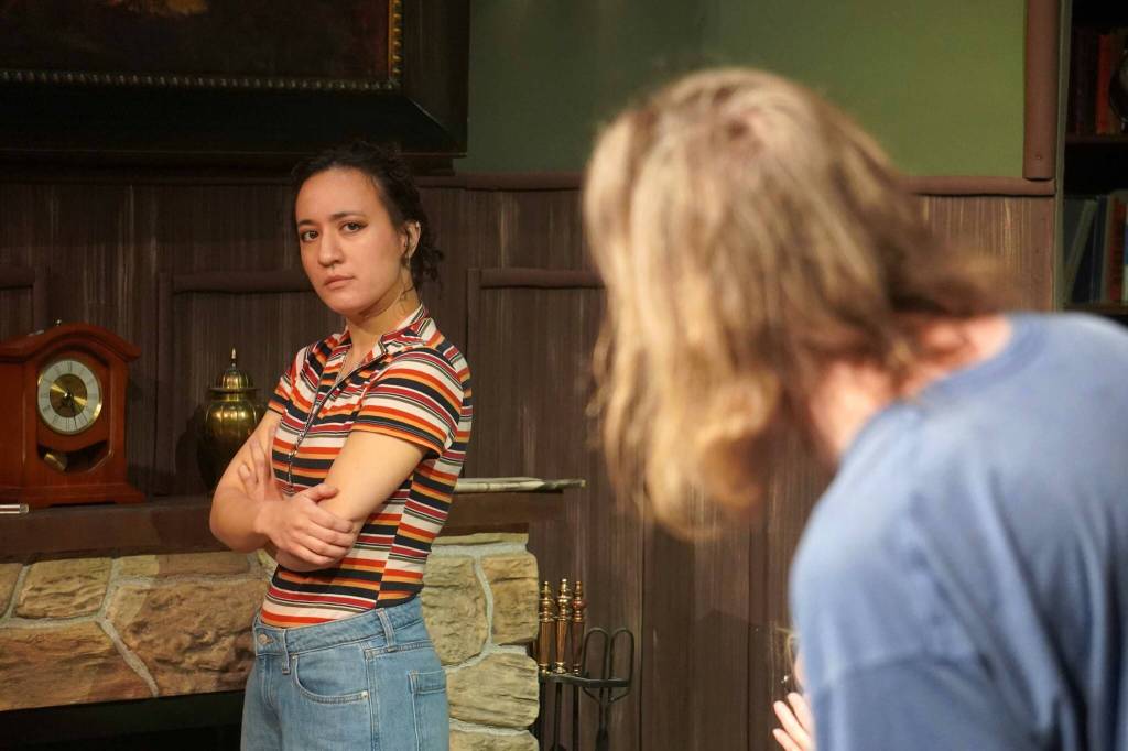 Petra Murray and Andrew Gunter rehearse The Mousetrap at the Kenai Performers Theater near Soldotna, Alaska, on Wednesday, March 19, 2025. (Jake Dye/Peninsula Clarion)