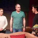 AnnMarie Rudstrom, Jamie Nelson and Raleigh Van Natta rehearse The Mousetrap at the Kenai Performers Theater near Soldotna, Alaska, on Wednesday, March 19, 2025. (Jake Dye/Peninsula Clarion)