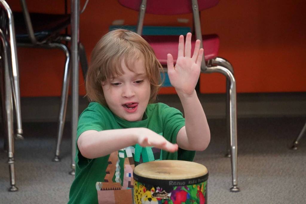 A second grader participates in a music lesson led by Delana Green at Tustumena Elementary School in Kasilof, Alaska, on Friday, March 21, 2025. (Jake Dye/Peninsula Clarion)