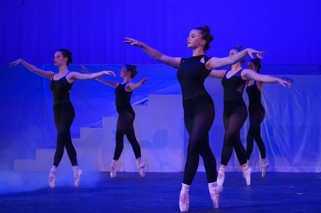 Dancers rehearse Forever Dances 10th Anniversary Company Showcase, Down Memory Lane, at Kenai Central High School in Kenai, Alaska, on Wednesday, March 26, 2025. (Jake Dye/Peninsula Clarion)