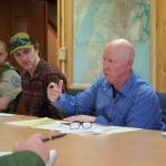 Greg Brush, right, speaks during an emergency meeting of the Kenai River Special Management Area Advisory Boards guide committee at the Kenai Peninsula Region Office of Alaska State Parks near Soldotna, Alaska, on Feb. 25, 2025. (Jake Dye/Peninsula Clarion)