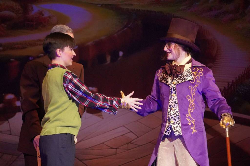 The cast of Seward High School Theatre Collectives Charlie and the Chocolate Factory rehearse on Thursday, April 3, 2025. (Jake Dye/Peninsula Clarion)