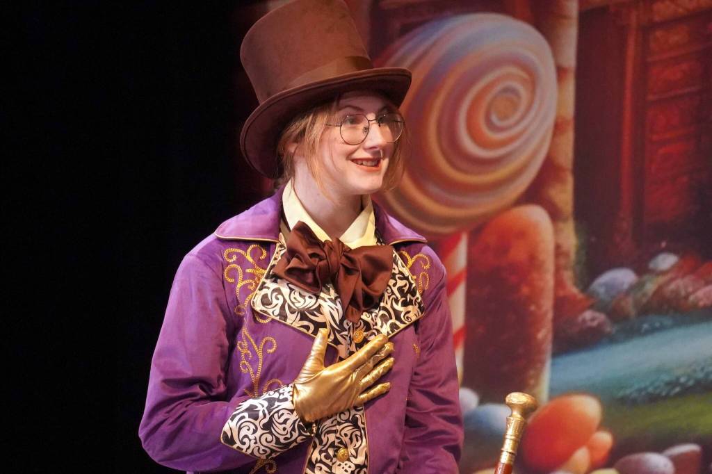 Rebecca Brackin, part of the cast of Seward High School Theatre Collectives Charlie and the Chocolate Factory rehearses on Thursday, April 3, 2025. (Jake Dye/Peninsula Clarion)