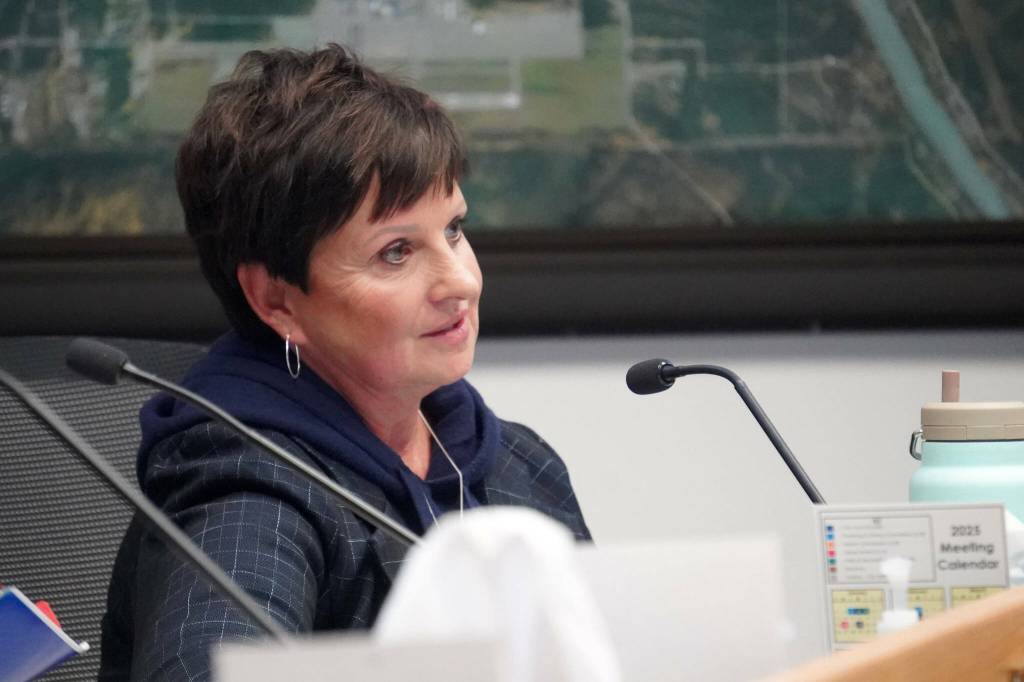 Soldotna City Manager Janette Bower speaks during a Soldotna City Council work session on the Soldotna Field House in Soldotna, Alaska, on Wednesday, April 9, 2025. (Jake Dye/Peninsula Clarion)