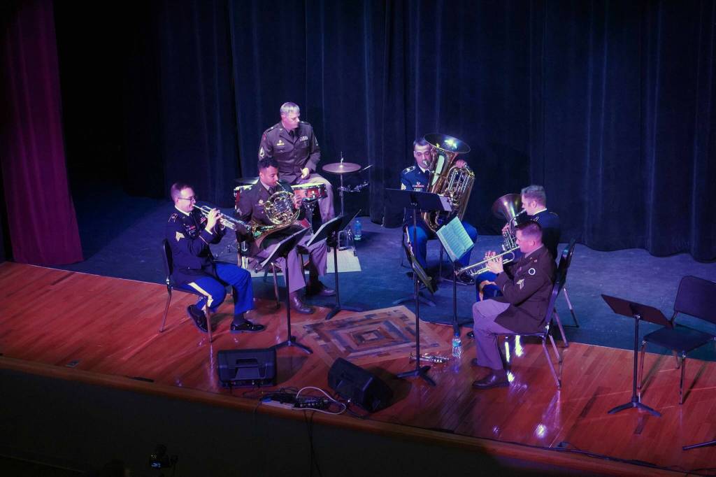 The Americas First Corps Band Brass Quintet perform during the opening of the new Triumvirate Theatre in Kenai, Alaska, on Saturday, April 19, 2025. (Jake Dye/Peninsula Clarion)