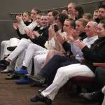 Triumvirate actors applaud during the opening of the new Triumvirate Theatre in Kenai, Alaska, on Saturday, April 19, 2025. (Jake Dye/Peninsula Clarion)